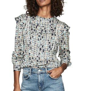 NWT: REISS Olivia Ditsy Print Zipper Ruffle Blouse, US 2